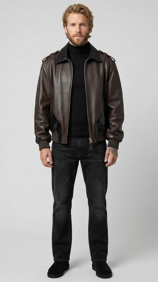 premium dark brown leather jacket paired with striking black crocodile texture panels.