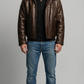 a premium dark brown leather flight jacket featuring a contrasting plush black shearling collar.