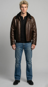 a premium dark brown leather flight jacket featuring a contrasting plush black shearling collar.
