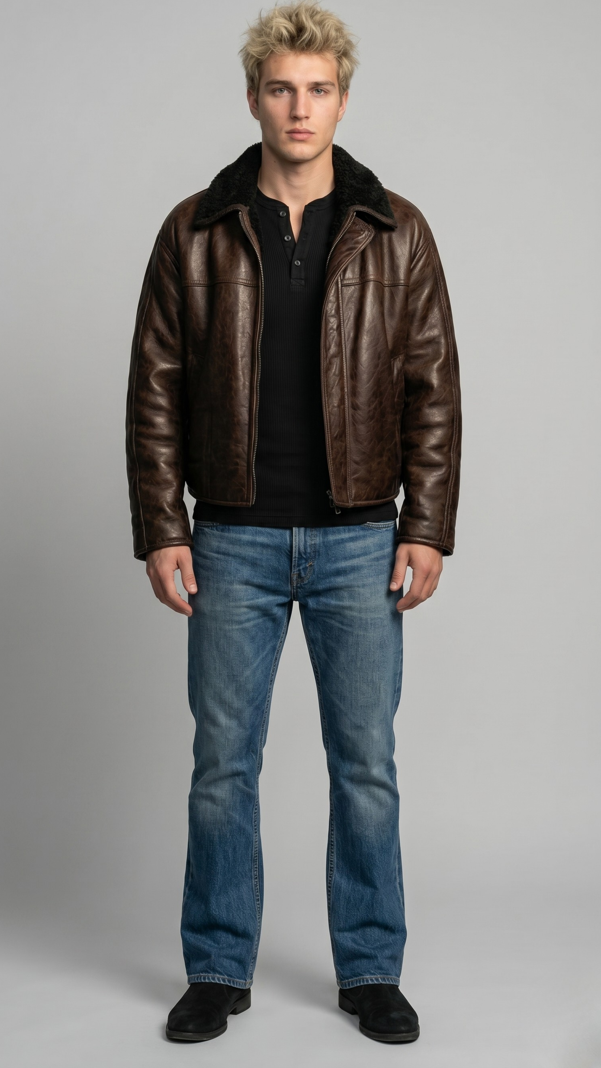 a premium dark brown leather flight jacket featuring a contrasting plush black shearling collar.