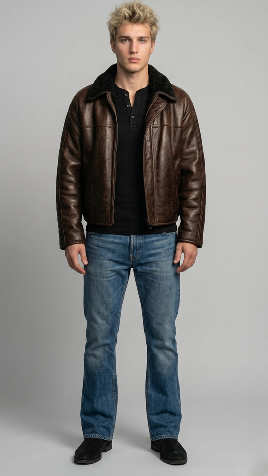 a premium dark brown leather flight jacket featuring a contrasting plush black shearling collar.