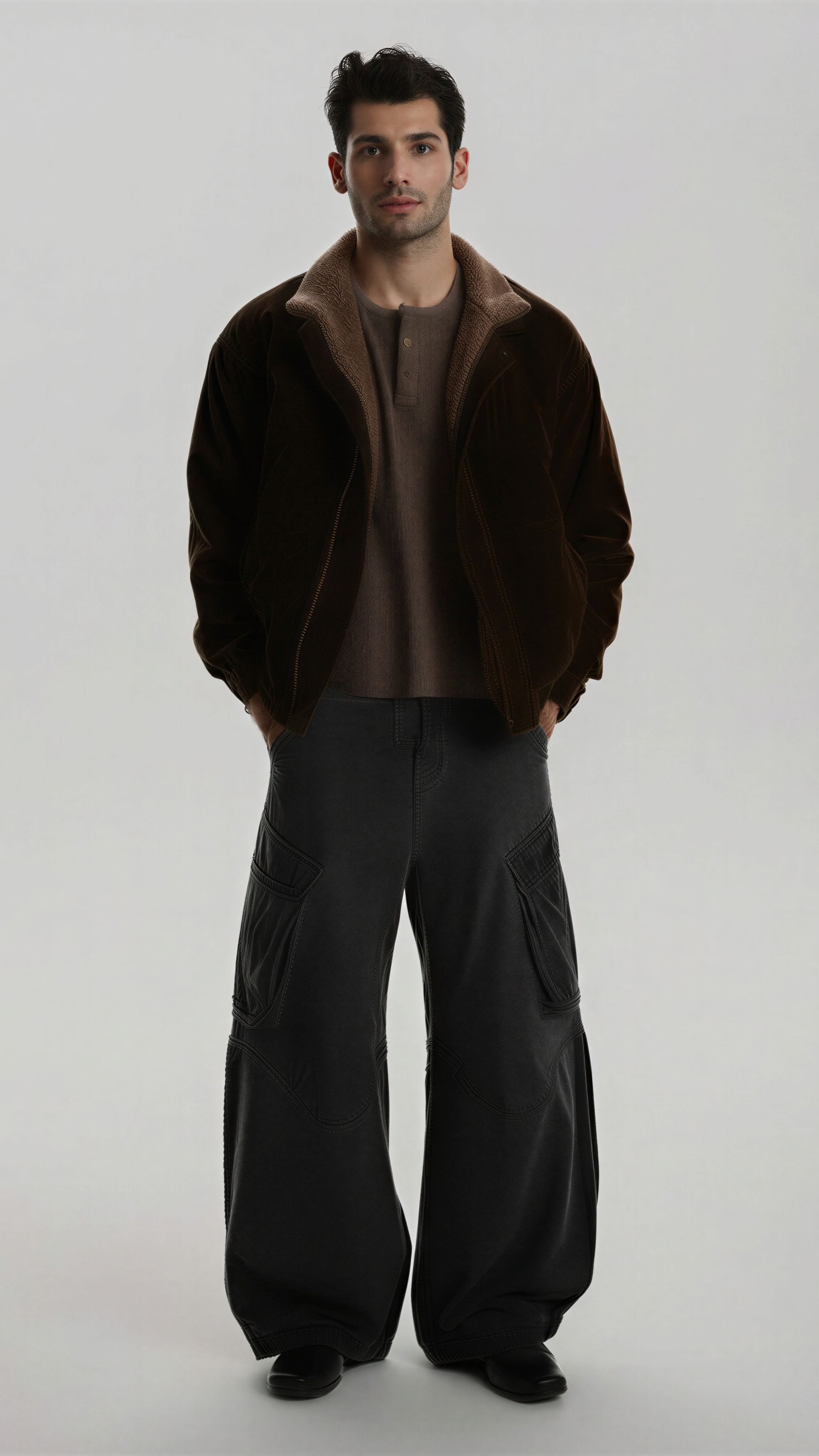 premium dark brown suede jacket with a matching soft brown shearling collar, standing against a clean grey background.