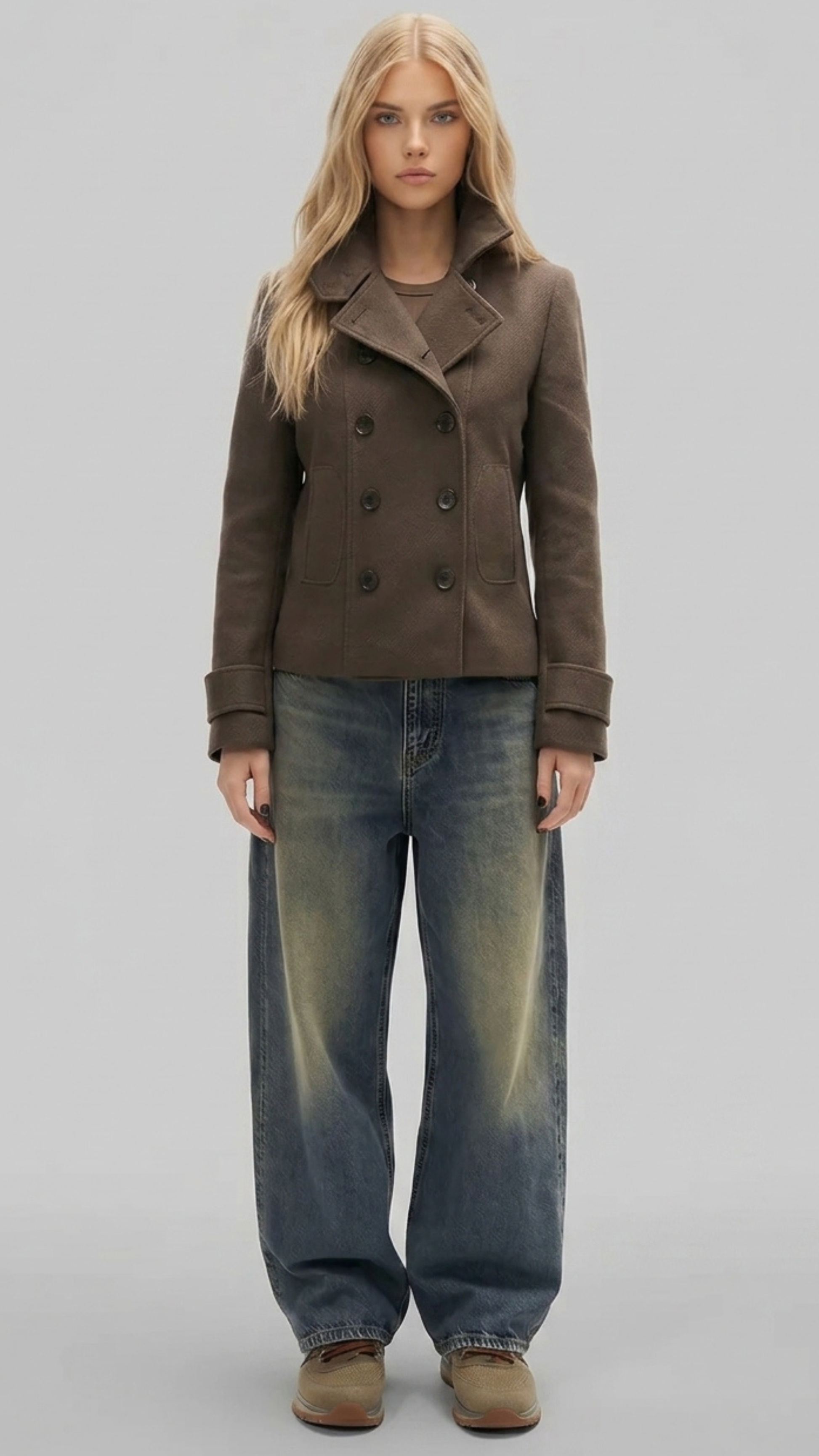 Full body view of a women wearing a dark brown short wool pea coat with a structured fit.