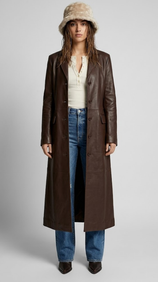 Full-length shot of a women wearing a dark chocolate brown leather trench coat.