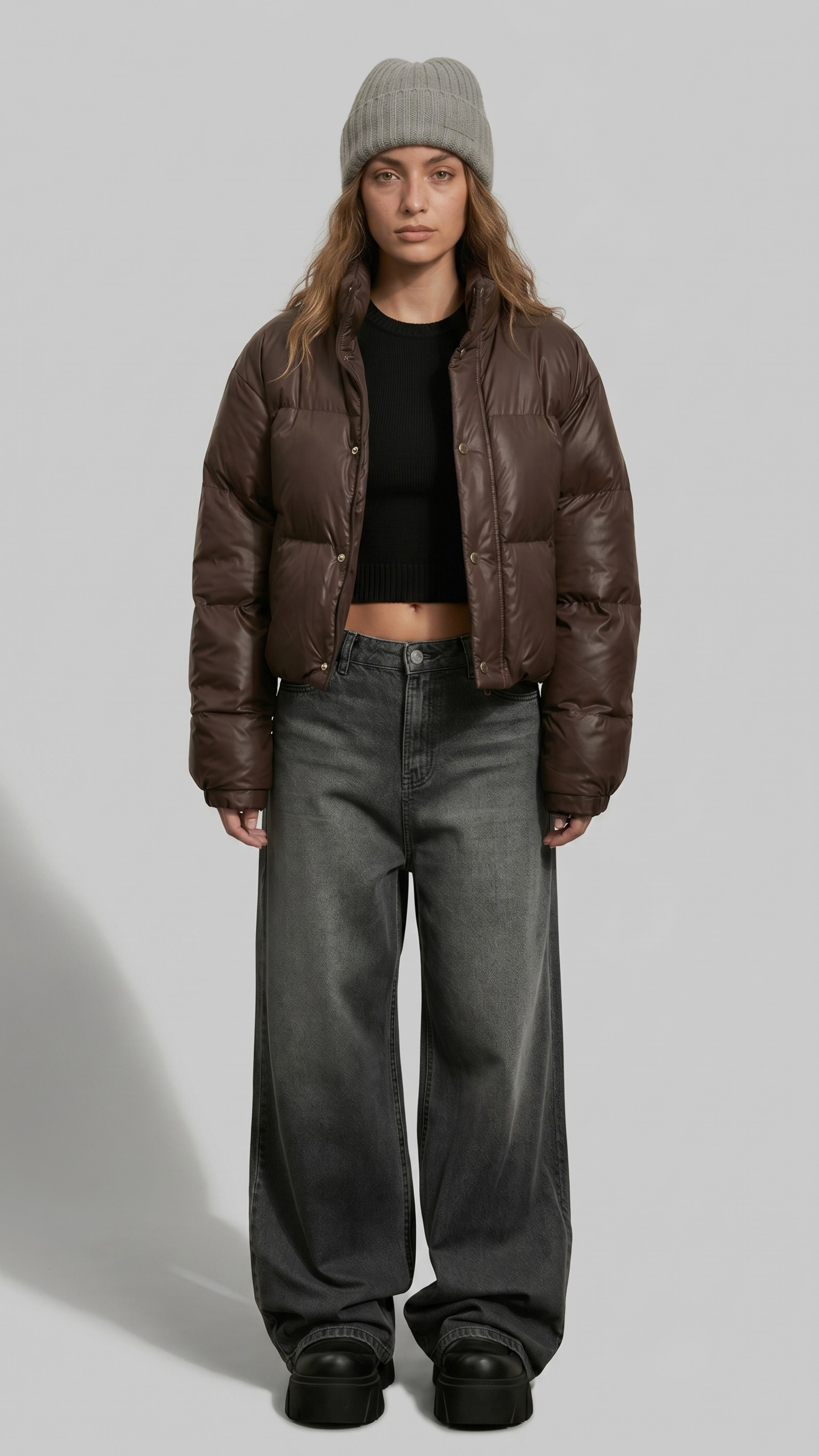 a model wearing a premium dark chocolate brown puffer jacket with clean horizontal quilting, standing against a solid grey studio background.