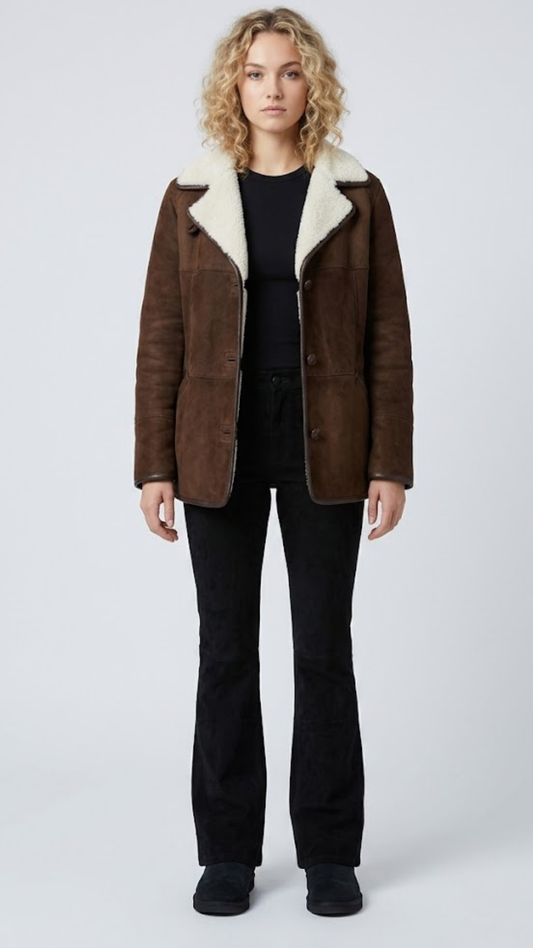Jackero premium dark chocolate brown suede coat highlighting a wide, plush white shearling collar and button closures.