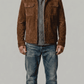 Jackero premium dark chocolate brown suede jacket featuring a sleek metallic zipper closure and classic sharp collar.