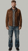 Jackero premium dark chocolate brown suede jacket featuring a sleek metallic zipper closure and classic sharp collar.
