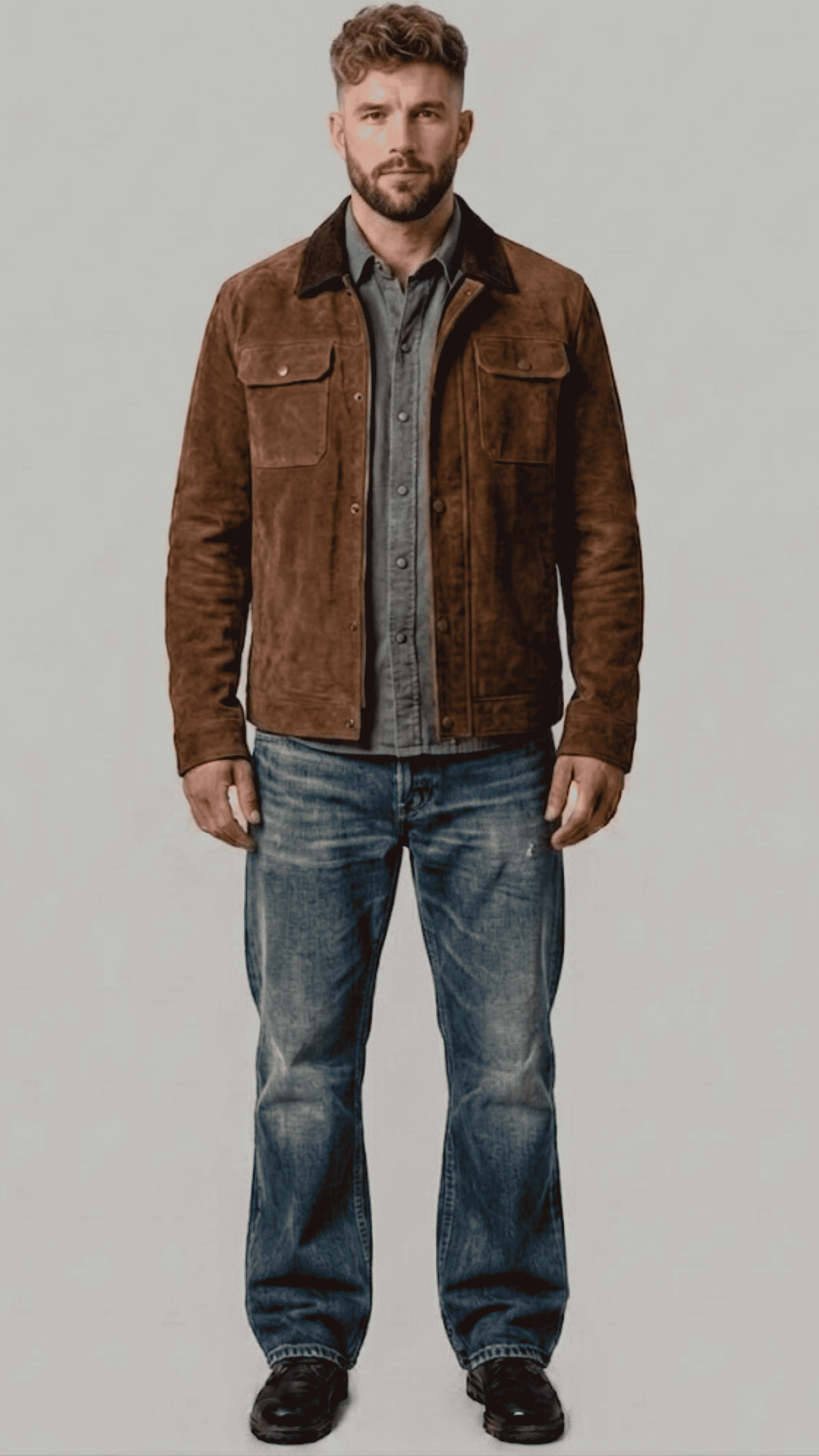 Jackero premium dark chocolate brown suede jacket featuring a sleek metallic zipper closure and classic sharp collar.