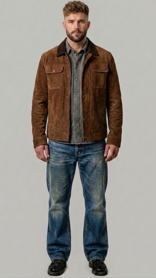 Jackero premium dark chocolate brown suede jacket featuring a sleek metallic zipper closure and classic sharp collar.