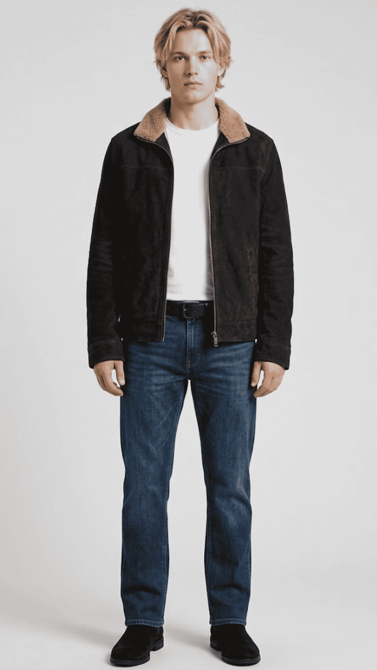 Jackero premium dark chocolate brown suede jacket highlighting a heavy-duty metallic zipper and thick white shearling collar.