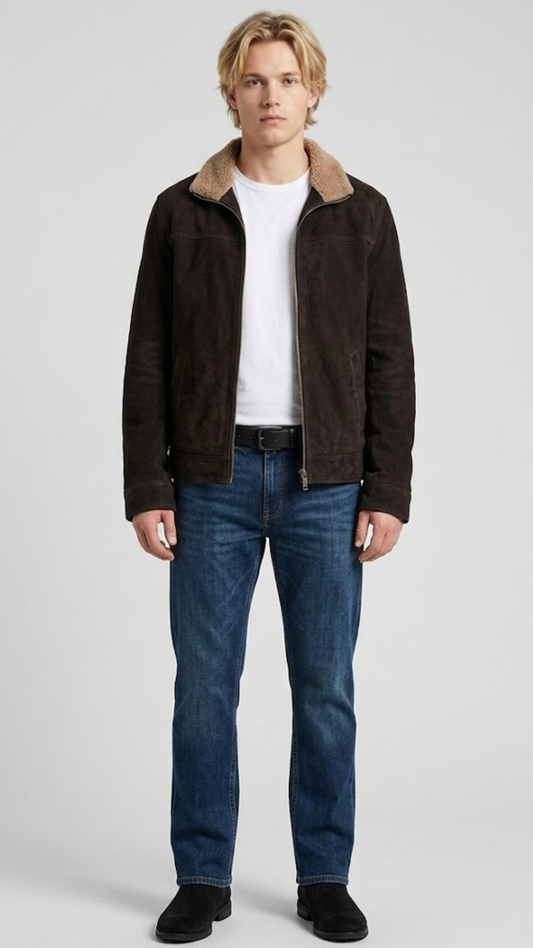 Jackero premium dark chocolate brown suede jacket highlighting a heavy-duty metallic zipper and thick white shearling collar.