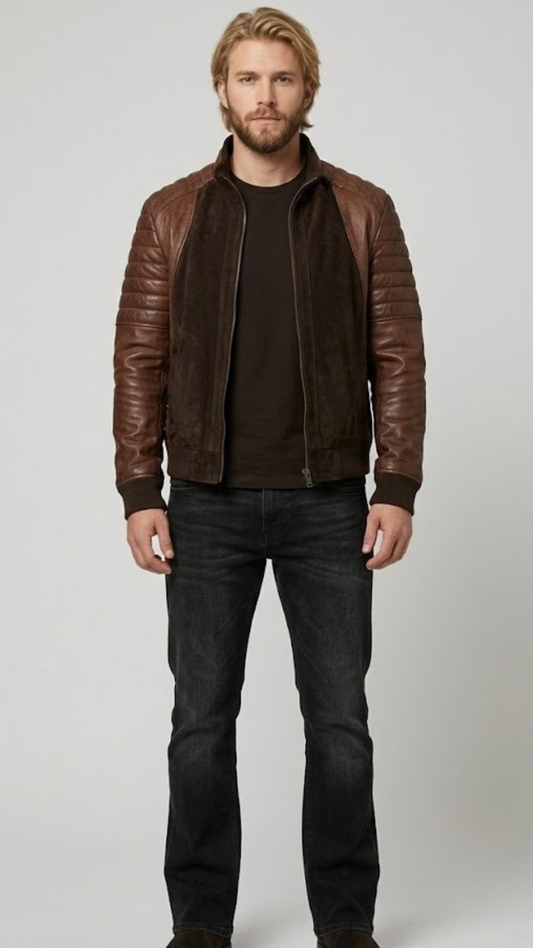A professional studio front shot of the Jackero dark chocolate brown suede leather jacket, showcasing its rich matte finish and front zip style.