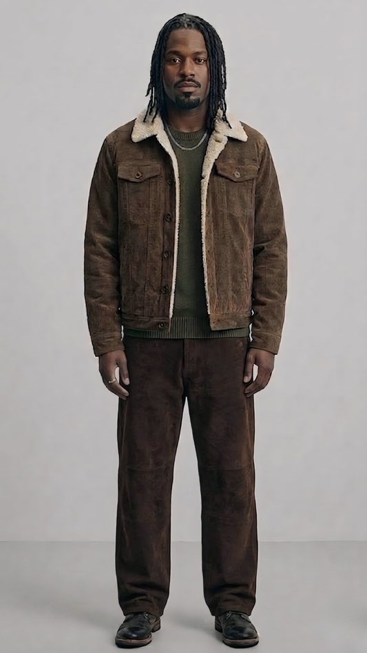 A dark chocolate brown suede trucker jacket featuring a plush cream shearling collar.