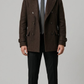 Front full-length view of premium dark chocolate brown wool coat featuring structured shoulders and a classic button-down front.