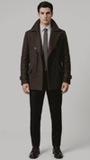 Front full-length view of premium dark chocolate brown wool coat featuring structured shoulders and a classic button-down front.