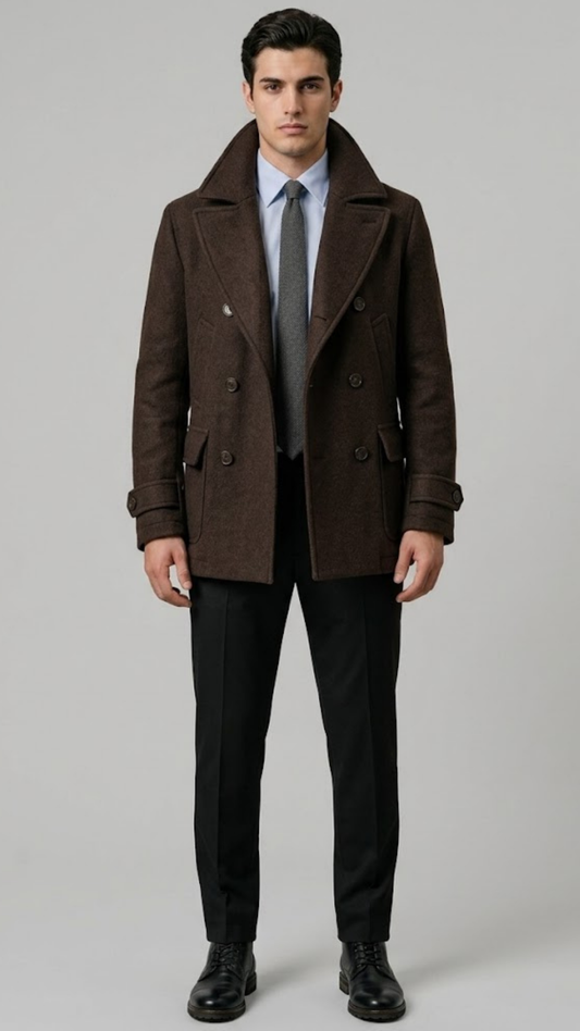 Front full-length view of premium dark chocolate brown wool coat featuring structured shoulders and a classic button-down front.