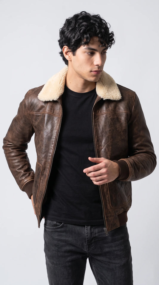 Dark espresso-brown distressed genuine leather bomber jacket with a thick cream faux-shearling fold-down collar, heavy-duty metal zipper and dark ribbed cuffs, creating a rugged heritage flightwear look with premium winter streetwear appeal.