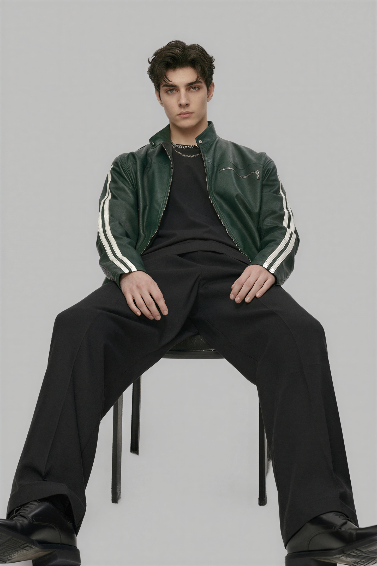 Man sitting on a chair wearing a green jacket with white stripes and black pants on a gray background