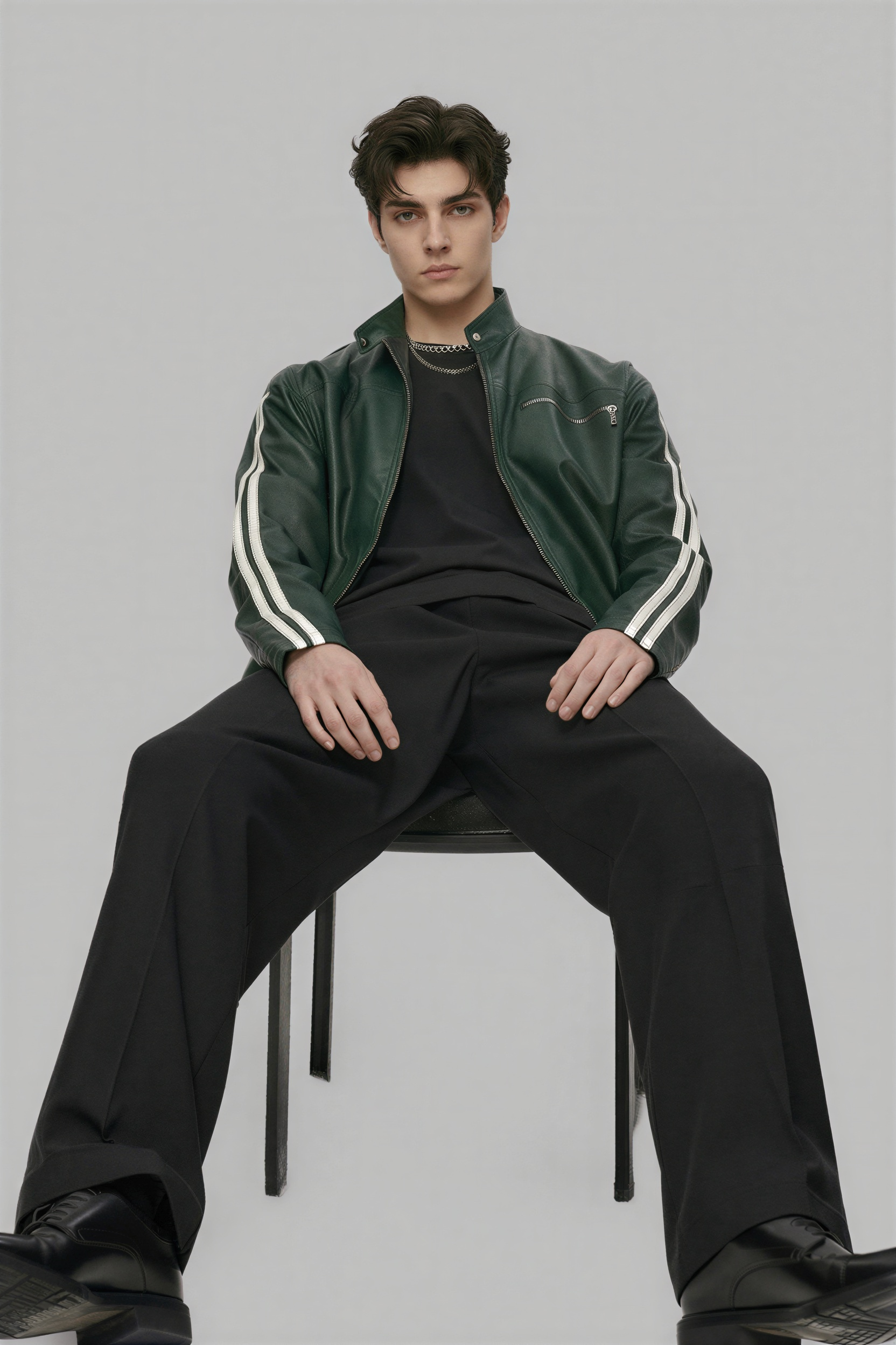 Man sitting on a chair wearing a green jacket with white stripes and black pants on a gray background