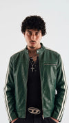 Front view of a dark green genuine leather cafe racer jacket with white racing stripes on the sleeves, silver front zipper and stand-up mandarin collar for men and women
