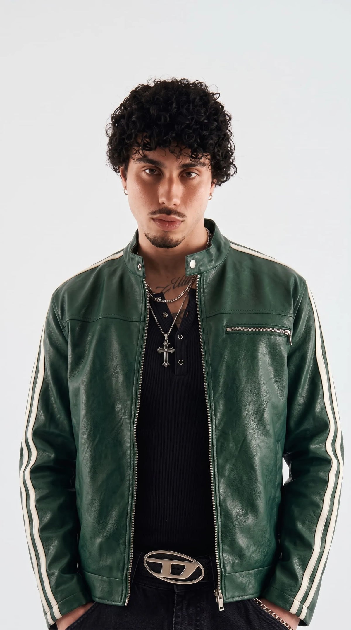 Front view of a dark green genuine leather cafe racer jacket with white racing stripes on the sleeves, silver front zipper and stand-up mandarin collar for men and women
