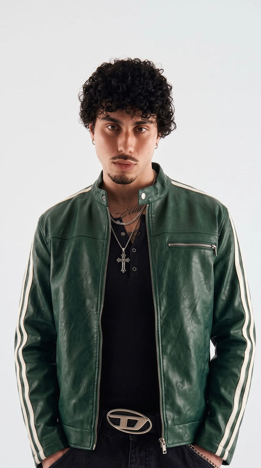 Front view of a dark green genuine leather cafe racer jacket with white racing stripes on the sleeves, silver front zipper and stand-up mandarin collar for men and women
