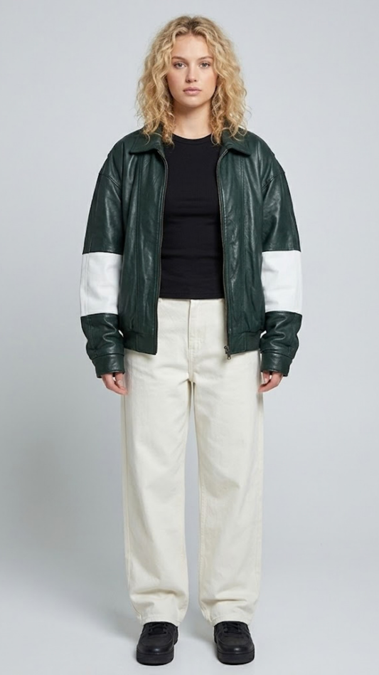A professional studio front shot of the Jackero dark green oversized leather jacket, featuring bold white stripes along the sleeves and a clean zip-up front.