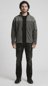 premium dark grey and grey soft suede jacket featuring a clean zippered front and minimalist collar.