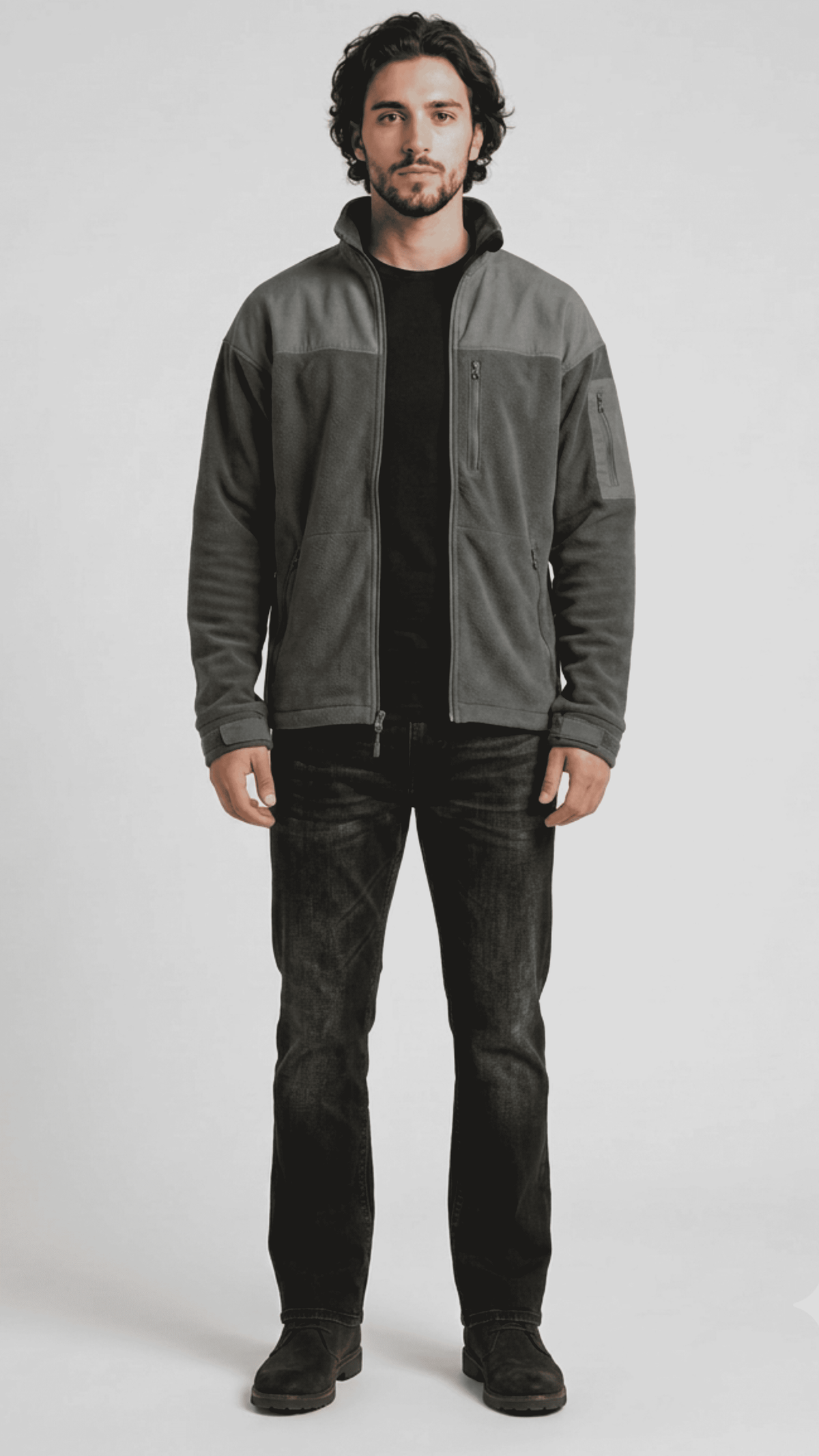 premium dark grey and grey soft suede jacket featuring a clean zippered front and minimalist collar.