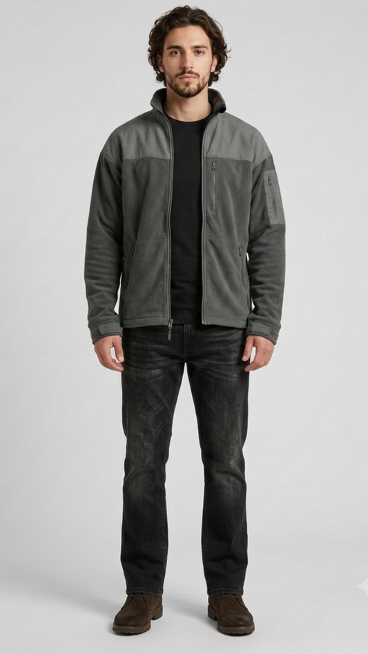premium dark grey and grey soft suede jacket featuring a clean zippered front and minimalist collar.