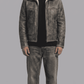 Front view of premium dark grey distressed leather jacket featuring a striking contrast white shearling collar.