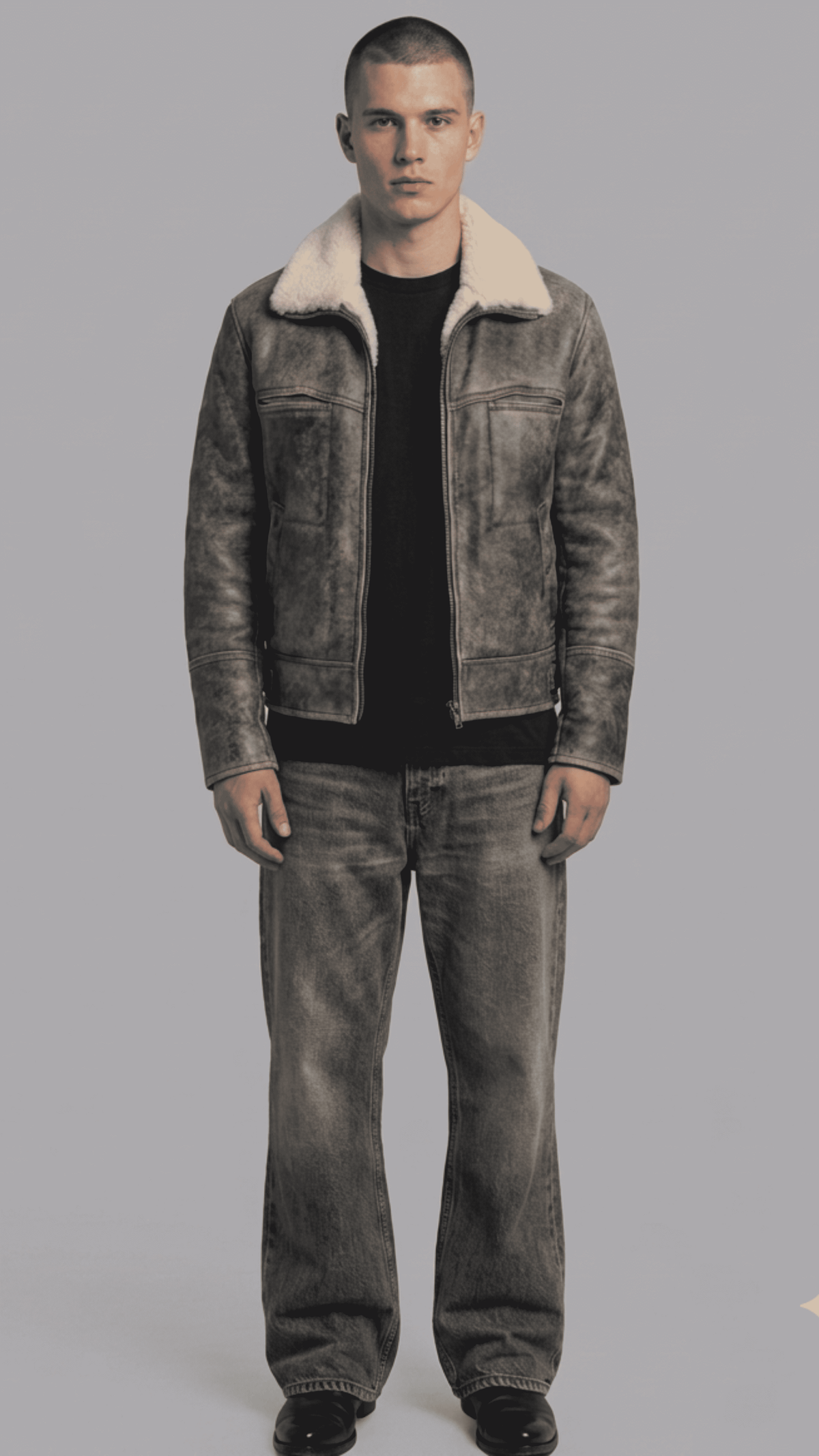 Front view of premium dark grey distressed leather jacket featuring a striking contrast white shearling collar.
