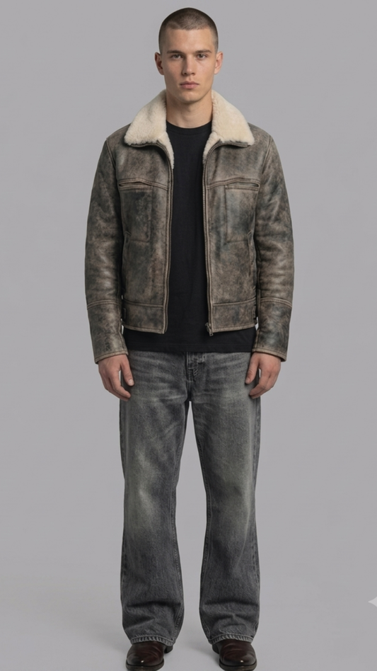 Front view of premium dark grey distressed leather jacket featuring a striking contrast white shearling collar.