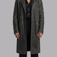 Jackero premium dark grey distressed leather overcoat featuring a classic button front and structured long-line silhouette.