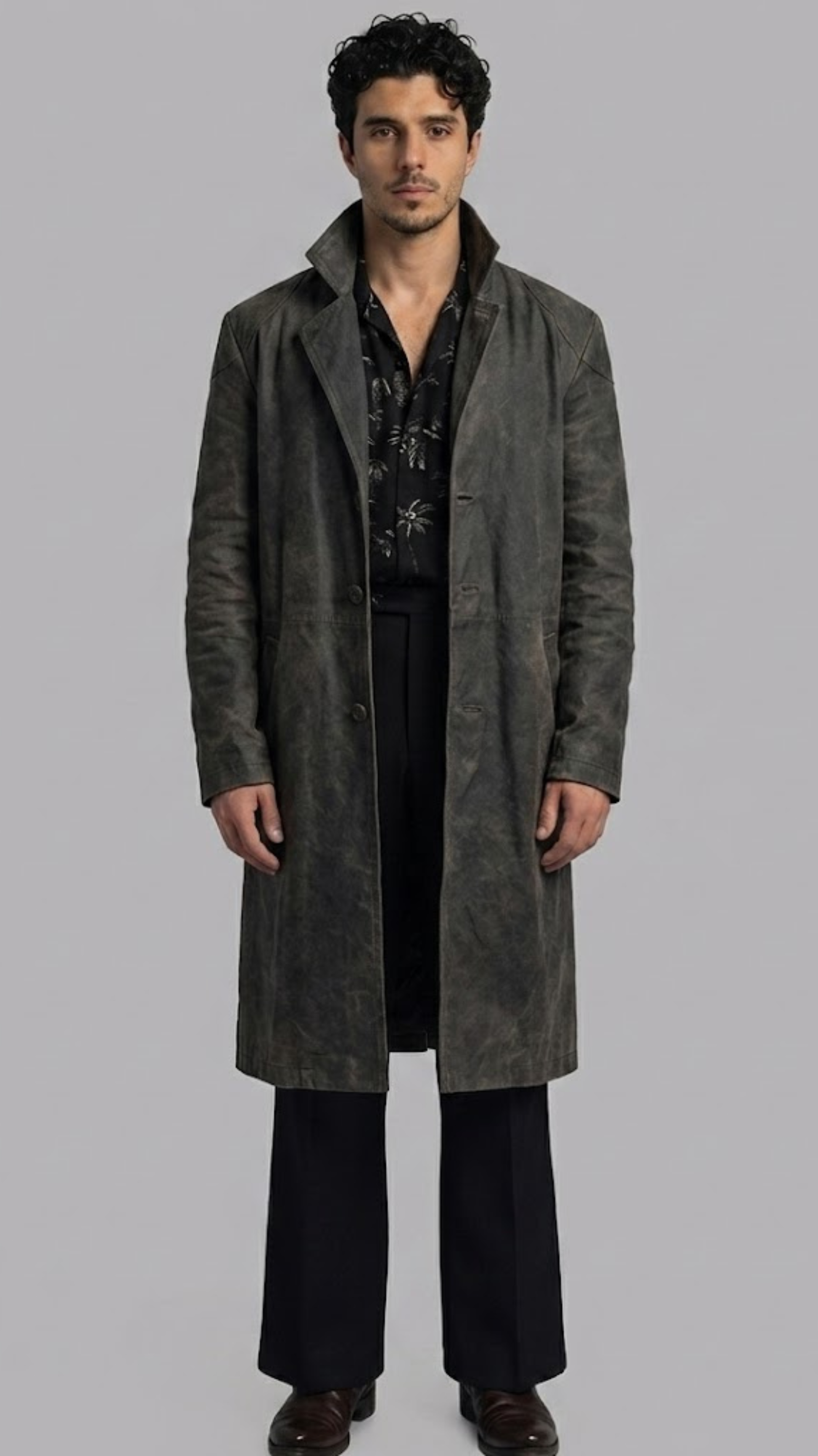 Jackero premium dark grey distressed leather overcoat featuring a classic button front and structured long-line silhouette.