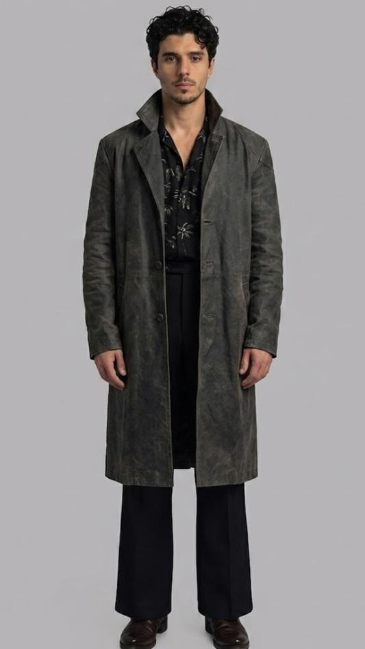 Jackero premium dark grey distressed leather overcoat featuring a classic button front and structured long-line silhouette.