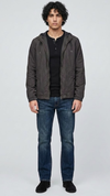 Front full view of premium dark grey silk cotton jacket showcasing a structured built-in hood design and clean center zipper.