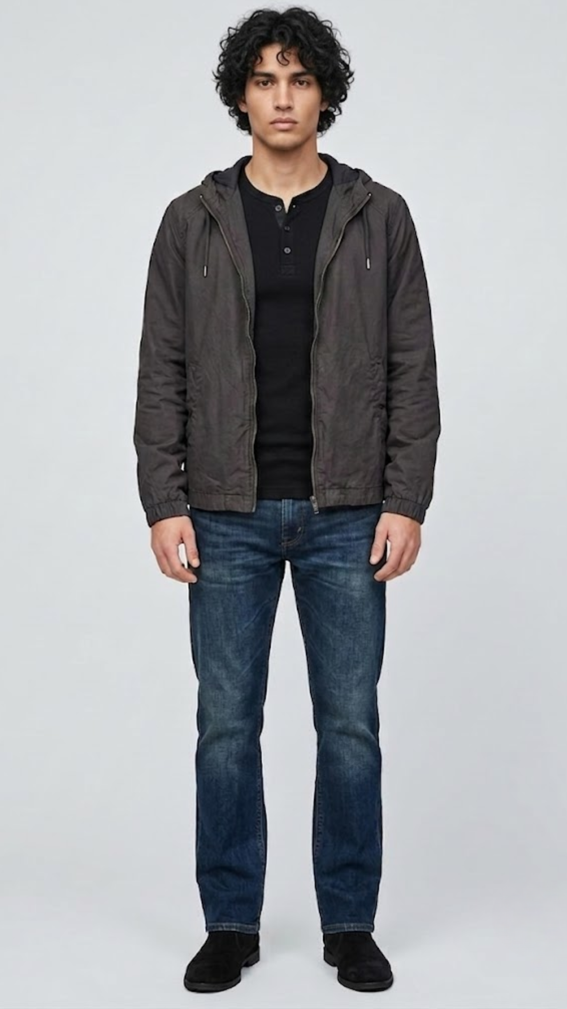 Front full view of premium dark grey silk cotton jacket showcasing a structured built-in hood design and clean center zipper.