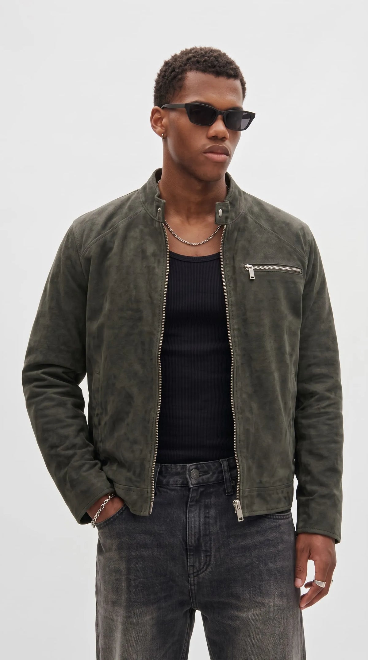 Stylish dark grey suede jacket designed for a modern streetwear look, featuring premium soft texture and currently available on a special winter sale.