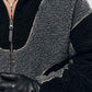 Close-up shot of full front metal zipper hardware and high stand-up neck placket on grey Y2K wool jacket.