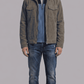 Jackero dark grey utility suede jacket highlighting multiple functional chest and waist pockets with secure snaps.