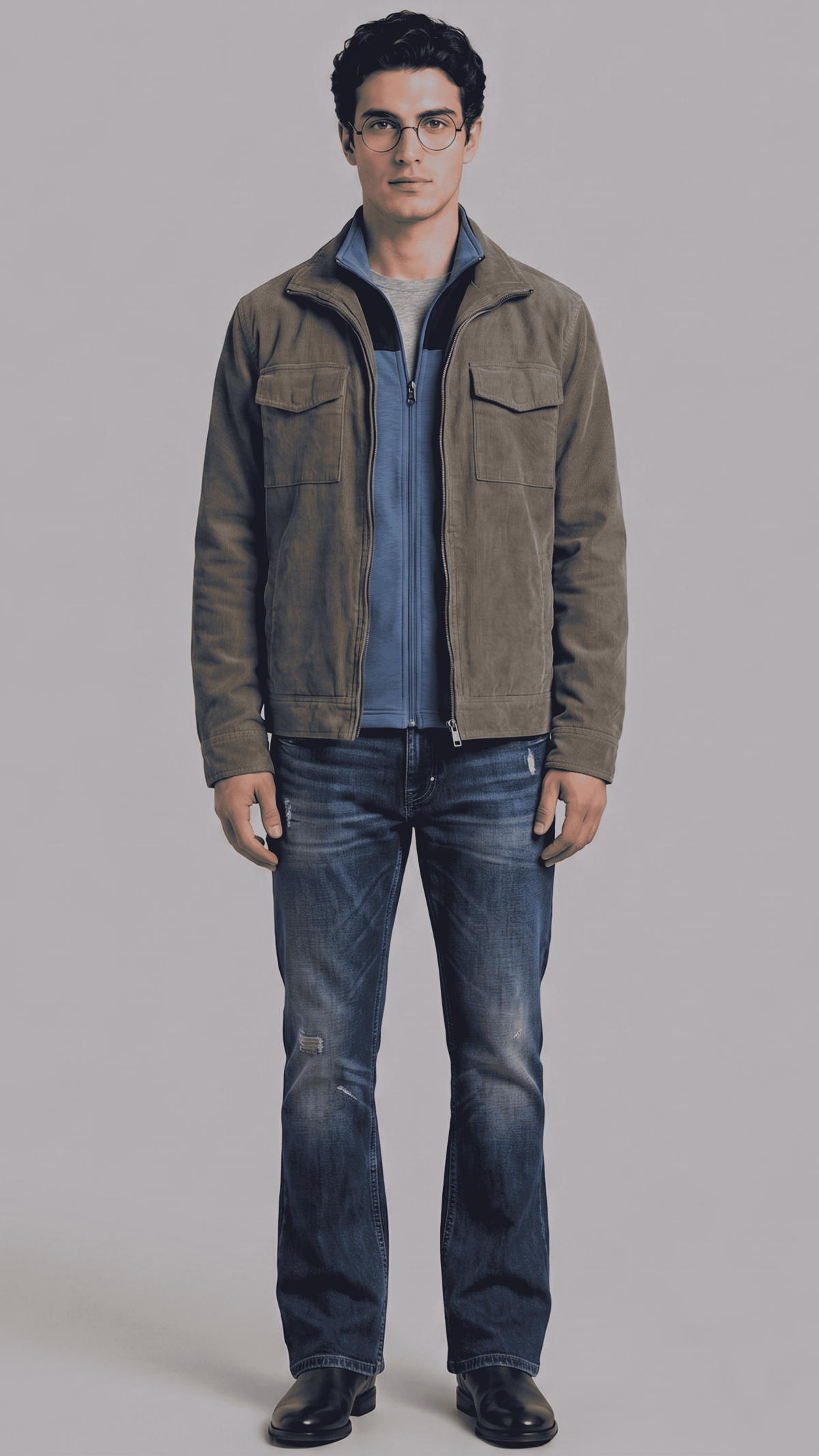 Jackero dark grey utility suede jacket highlighting multiple functional chest and waist pockets with secure snaps.
