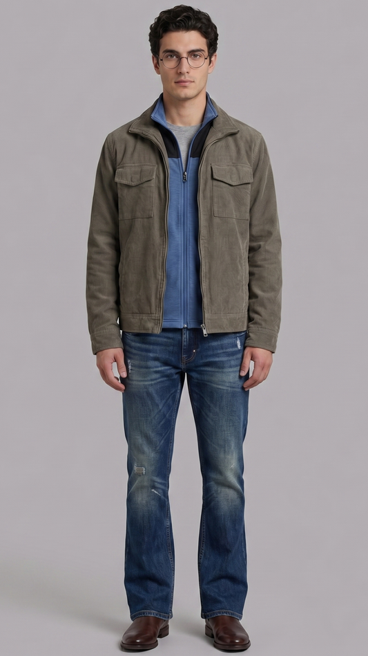 Jackero dark grey utility suede jacket highlighting multiple functional chest and waist pockets with secure snaps.