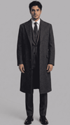 Front full-length view of a premium dark grey wool overcoat featuring structured shoulders and a classic button-down front.