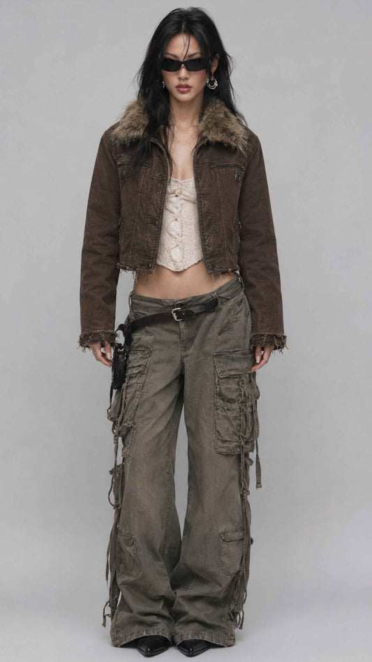Front view of model wearing a dark khaki Y2K denim jacket with a soft fur collar and front button placket
