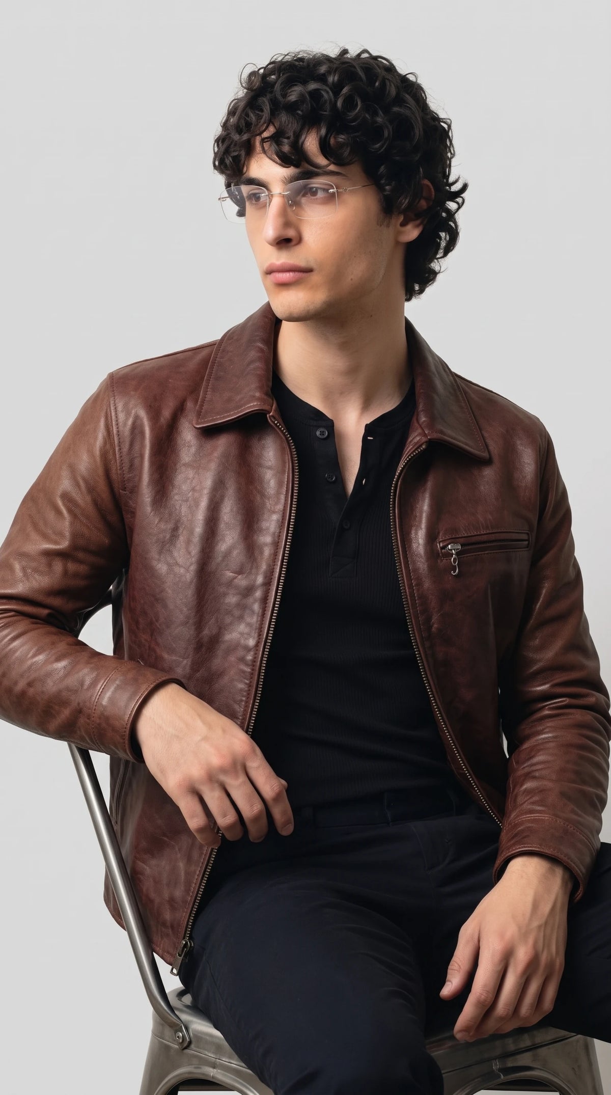 Detail of the horizontal zippered chest pocket on the left and two minimalist welt side pockets on a dark red leather jacket with premium metal zippers