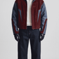 Front view of Spiderman inspired dark red suede and dark blue leather oversized jacket with front zip closure.