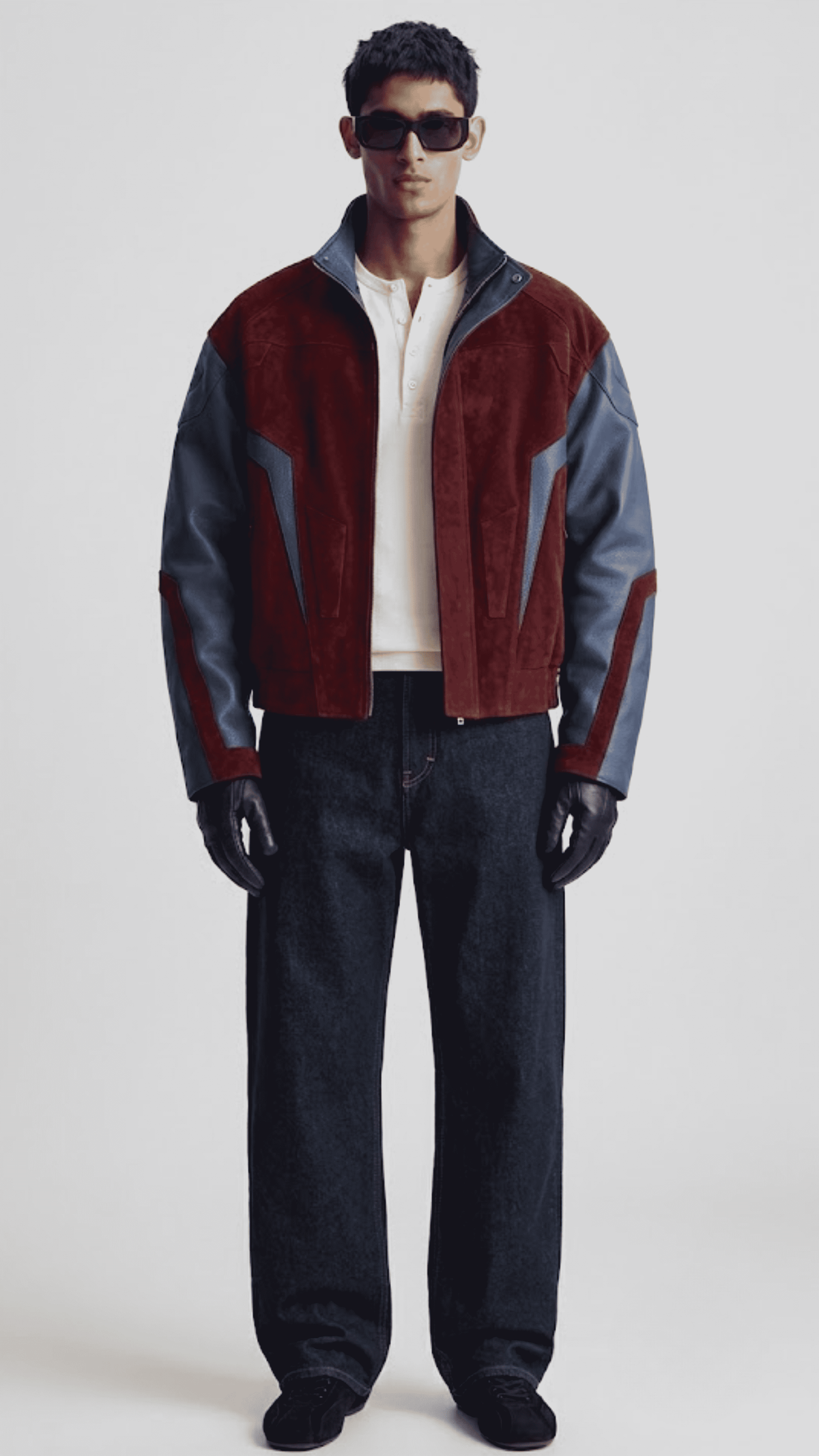 Front view of Spiderman inspired dark red suede and dark blue leather oversized jacket with front zip closure.
