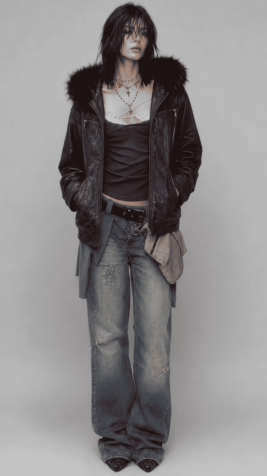 a JACKERO dark red vine oversized leather jacket showcasing a plush, contrasting black fur collar and heavy front zip.